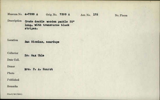 Documentation associated with Hearst Museum object titled Paddle, accession number 4-7299a, no description available.