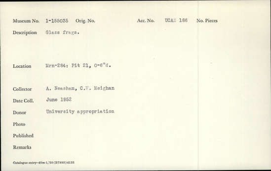 Documentation associated with Hearst Museum object titled Glass fragments, accession number 1-155035, described as Glass fragments.