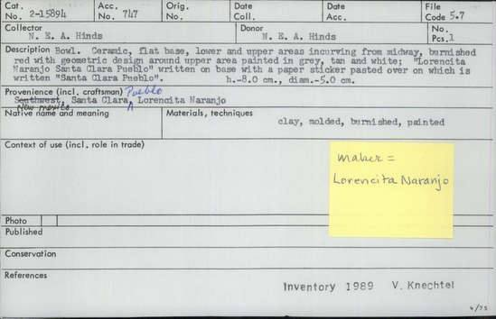 Documentation associated with Hearst Museum object titled Bowl, accession number 2-15894, described as Ceramic, flat base, lower and upper areas incurving from midway, burnished red with geometric design around upper area painted in grey, tan and white. "Lorencita Naranjo Santa Clara Pueblo" written on base with a paper sticker pasted over on which is written "Santa Clara Pueblo". Molded, burnished, and painted.