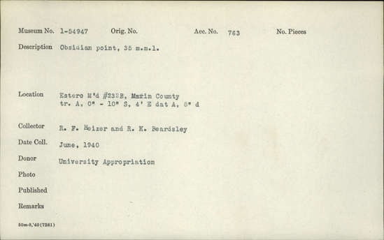 Documentation associated with Hearst Museum object titled Point, accession number 1-54947, described as Obsidian.