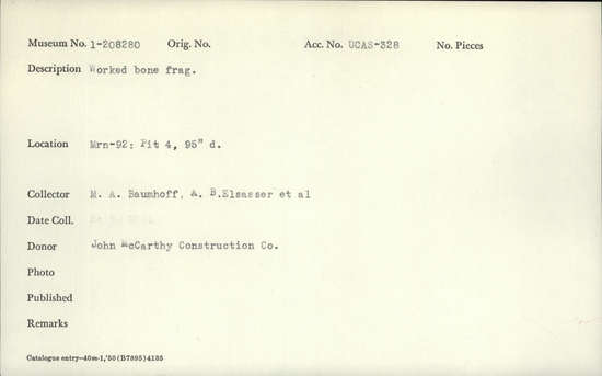 Documentation associated with Hearst Museum object titled Worked bone, accession number 1-208280, described as Worked. Notice: Image restricted due to its potentially sensitive nature. Contact Museum to request access.