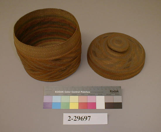 Hearst Museum object 1 of 2 titled Basket, accession number 2-29697, described as Herring bone design on outside; stripes of colors inside. Lid has knob.