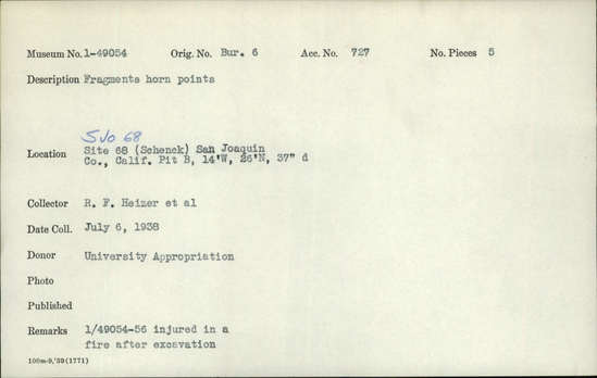 Documentation associated with Hearst Museum object titled Points, accession number 1-49054, described as Fragments of horn points. Notice: Image restricted due to its potentially sensitive nature. Contact Museum to request access.