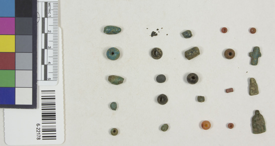 Hearst Museum object titled Beads, accession number 6-22178, described as beads, mostly faience, with one garnet, four carnelian, four pendants, etc.