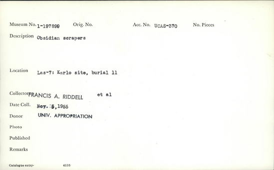 Documentation associated with Hearst Museum object titled Scrapers, accession number 1-197899, described as Obsidian. Notice: Image restricted due to its potentially sensitive nature. Contact Museum to request access.