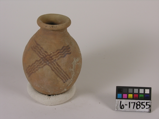 Hearst Museum object titled Bottle, accession number 6-17855, described as Pottery: buff bottle; cross-bands of painted wavy lines. least diameter 7 cm, greatest diameter 14, height 19 cm.