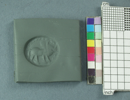 Hearst Museum object 2 of 2 titled Seal, accession number 9-17377, described as Stamp seal. Truncated ellipsoid.  Haematite. Bull in right profile, standing. Border of beads. Colors dark brown tone. Condition: fairly worn on edge of engraved surface. Dimensions: H 12.5, w 16, d 14 (mm); impression: vertical 13, horizontal 15(mm).