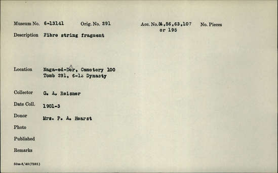 Documentation associated with Hearst Museum object titled String fragment, accession number 6-13141, described as Fiber string fragment.