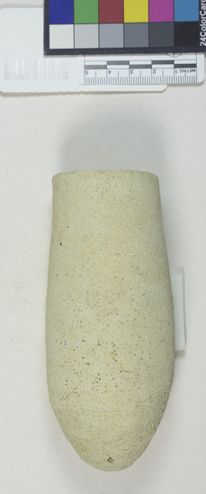 Hearst Museum object 5 of 5 titled Beer cup, accession number 6-6320, described as Buff pottery cup with a deep, pointed bottom; least diameter 4 cm, greatest diameter 5.5 cm, height 12 cm