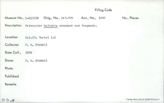 Documentation associated with Hearst Museum object titled Pendant fragment, accession number 1-212238, described as Triangular haliotis.