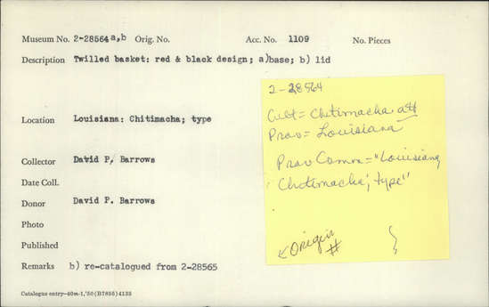Documentation associated with Hearst Museum object titled Basket, accession number 2-28564a,b, described as Twilled. Red and black design. (a) Base. (b) Lid.