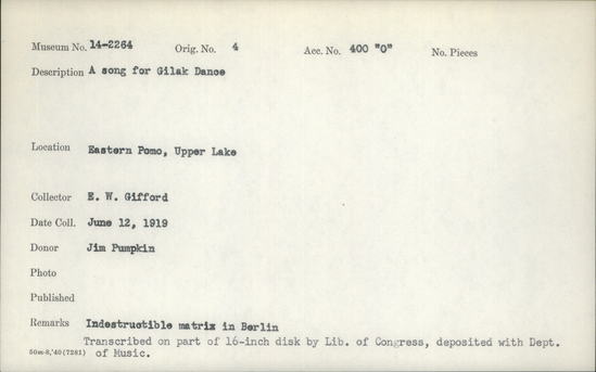 Documentation associated with Hearst Museum object titled Wax cylinder recording, accession number 14-2264.1, described as A Song for the Gilak Dance; Original Notice: Image restricted due to its potentially sensitive nature. Contact Museum to request access.