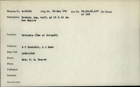 Documentation associated with Hearst Museum object titled Jug, accession number 6-20155, described as pottery jug, buff; greatest depth 12 height 15 cm. New Empire