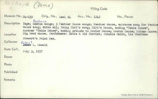 Documentation associated with Hearst Museum object titled Audio track, accession number 24-133.A.6, described as Male lead vocal with female vocal accompaniment and clapping