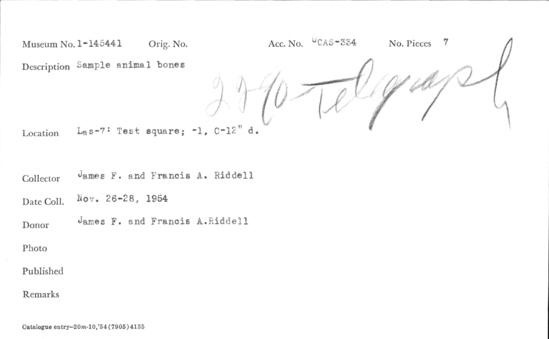 Documentation associated with Hearst Museum object titled Faunal remains, accession number 1-145441, described as Sample of animal bones.