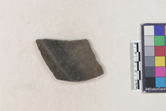 Hearst Museum object 2 of 2 titled Potsherd, accession number 16-8147, described as Potsherd; body, shoulder.  Section of Manta on Beach currently inhabited. Numbers  8111 to 8194 are sherds picked up on beach at low tide.