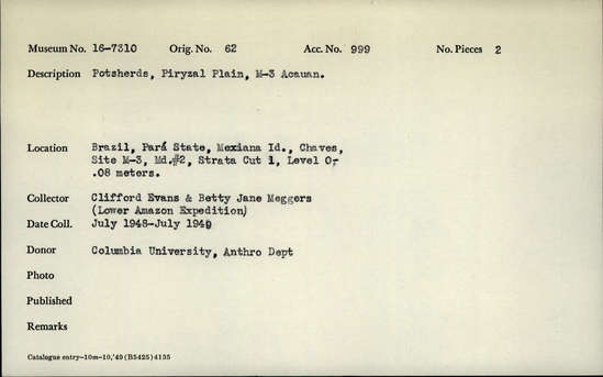 Documentation associated with Hearst Museum object titled Potsherds, accession number 16-7310, described as Potsherds; Piryzal Plain