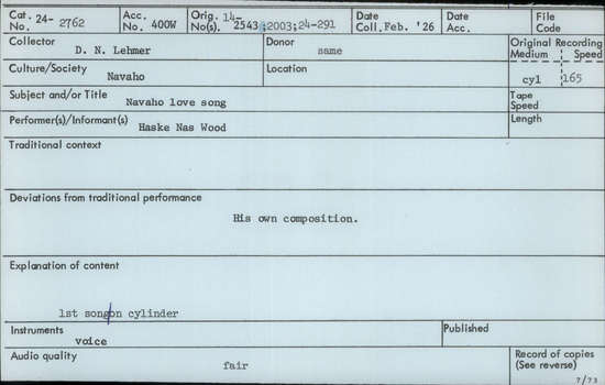 Documentation associated with Hearst Museum object titled Audio recording, accession number 24-2762, described as Navajo Love Song