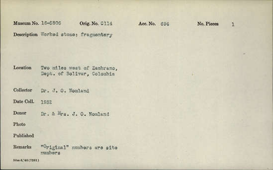 Documentation associated with Hearst Museum object titled Stone, accession number 16-5806, described as Worked stone; fragmentary.