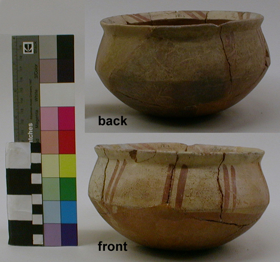 Hearst Museum object titled Broken bowl, accession number 4-2813, described as Bowl of red pottery, white shoulder painted with pairs of red lines. Broken