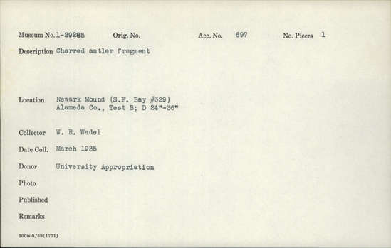 Documentation associated with Hearst Museum object titled Wedge, accession number 1-29285, described as Charred.