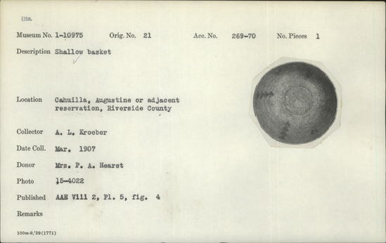 Documentation associated with Hearst Museum object titled Basket, accession number 1-10975, described as Shallow.