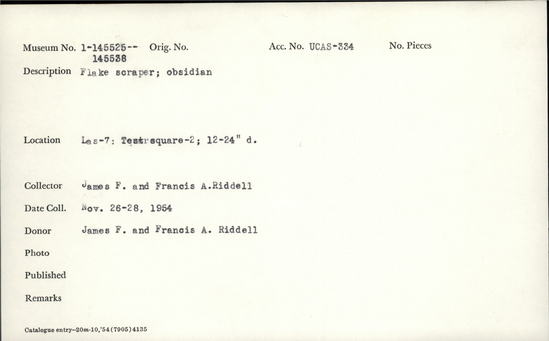 Documentation associated with Hearst Museum object titled Flake scraper, accession number 1-145538, described as Flake scraper, obsidian.
