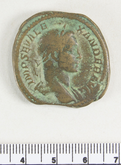 Hearst Museum object 4 of 8 titled Coin: æ sestertius, accession number 8-5655, described as Coin. Roman. Sestertius, Æ. (   grams; 34 mm). Severus Alexander. 222-231/5 AD. Rome. Obverse: IMP  SEV  ALEXANDER  AVG   Bust facing right, laureate. Reverse: VICTORIA AVGVSTI   Victory standing facing left, holding wreath and palm; S C in field.