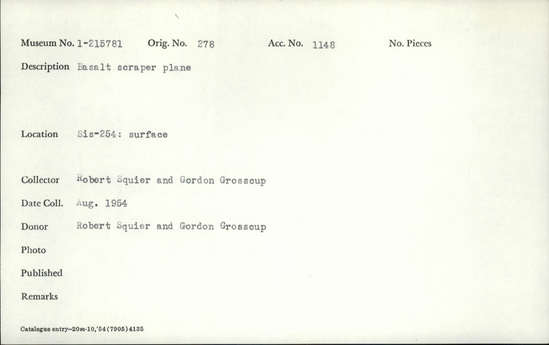 Documentation associated with Hearst Museum object titled Scraper plane, accession number 1-215781, described as Basalt scraper plane