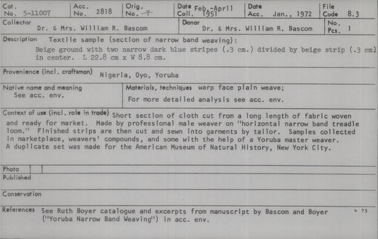 Documentation associated with Hearst Museum object titled Textile sample, accession number 5-11007, described as Textile sample (section of narrow band weaving). Beige ground with two narrow dark blue stripes (.3 cm) divided by beige strip (.3 cm) in center.