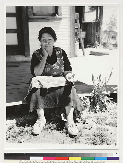 Hearst Museum object titled Black-and-white negative, accession number 15-20254, described as Maude Bateman Boggs, basketmaker, at her home