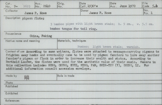 Documentation associated with Hearst Museum object titled Pigeon flute, accession number 9-9693, described as pigeon flute; 3 bamboo pipes w/ light brown stain; ht. 5 cm, w. 5.5 cm, bamboo tongue for tail ring.