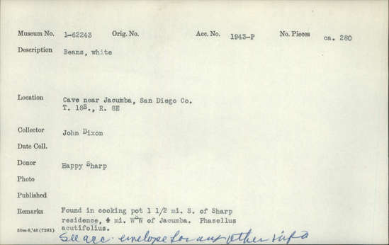 Documentation associated with Hearst Museum object titled Bean, accession number 1-62243, described as Bean sample, white. 1-62240-62243 are Phaseolus acutifolius of four types.  Found in cooking pot in cave. 1 jar