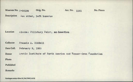 Documentation associated with Hearst Museum object titled Mammal bone, accession number 2-36194, described as Sea otter, left humerus.