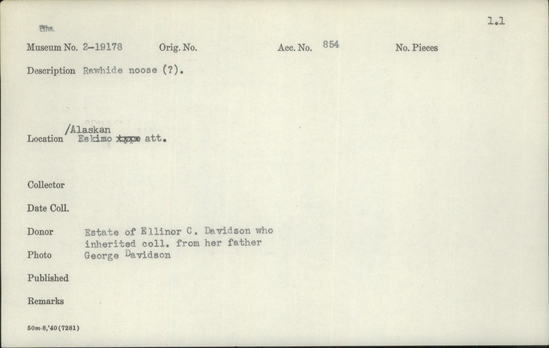 Documentation associated with Hearst Museum object titled Noose ?, accession number 2-19178, described as Rawhide.