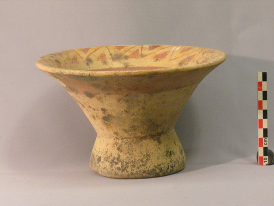 Hearst Museum object titled Bowl, accession number 4-3166, described as Flaring flat-bottomed bowl containing trattles, triangles design on lip