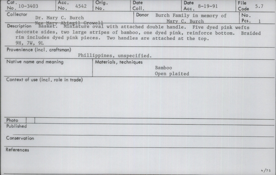Documentation associated with Hearst Museum object titled Basket, accession number 10-3403, no description available.