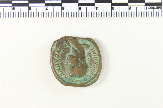 Hearst Museum object 2 of 8 titled Coin: æ sestertius, accession number 8-5655, described as Coin. Roman. Sestertius, Æ. (   grams; 34 mm). Severus Alexander. 222-231/5 AD. Rome. Obverse: IMP  SEV  ALEXANDER  AVG   Bust facing right, laureate. Reverse: VICTORIA AVGVSTI   Victory standing facing left, holding wreath and palm; S C in field.