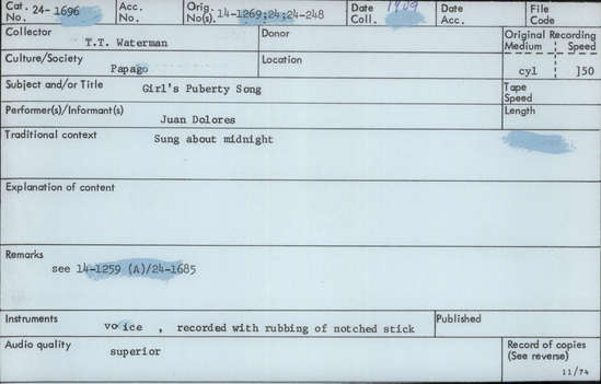 Documentation associated with Hearst Museum object titled Audio recording, accession number 24-1696, described as Girls' Puberty Dance Song