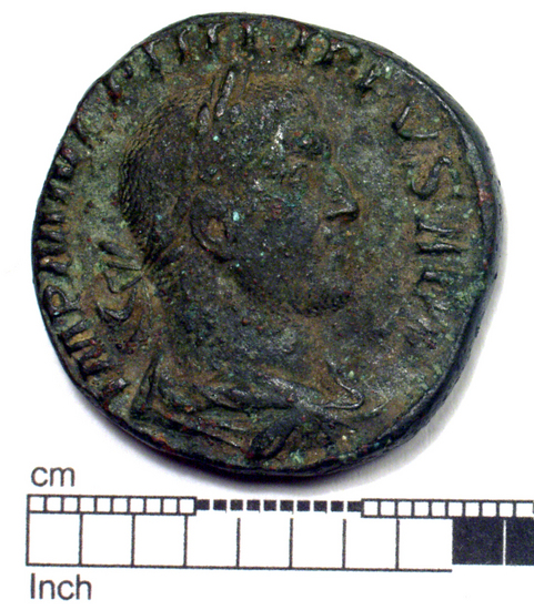 Hearst Museum object 1 of 8 titled Coin: æ sestertius, accession number 8-3984, described as Coin; AE; Sestertius; Roman. Philip Arabus, 244-249 AD. Rome, Italy. Obverse: IMP M IVL PHILIPPVS AVG, bust r. laureate. Reverse: P M TR P III COS[X]P P, Felicitas standing l.