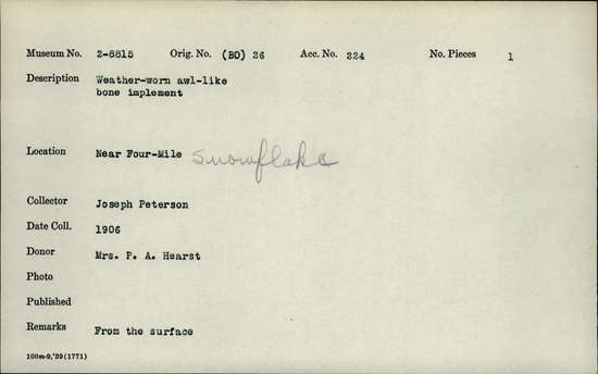 Documentation associated with Hearst Museum object titled Awl, accession number 2-8815, described as Weather-worn awl-like bone implement.