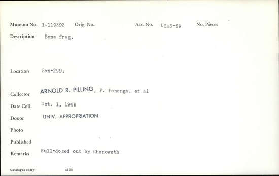 Documentation associated with Hearst Museum object titled Faunal remains, accession number 1-119393, described as Bone fragment