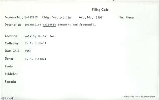 Documentation associated with Hearst Museum object titled Pendant fragment, accession number 1-212252, described as Triangular haliotis.