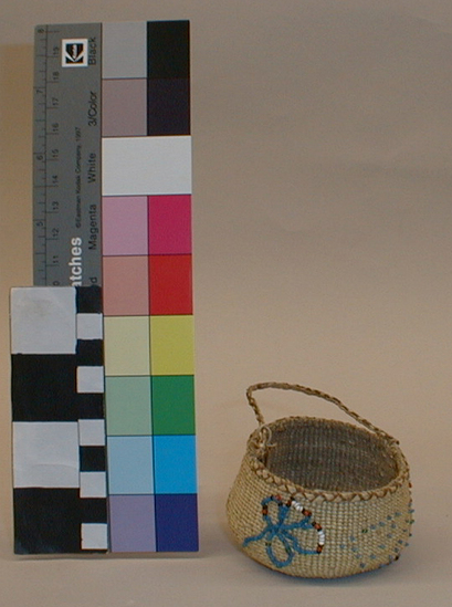 Hearst Museum object titled Basket, accession number 2-13271, described as Handle  twined, bead work.