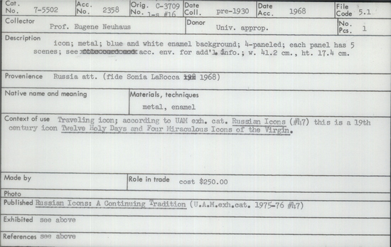 Documentation associated with Hearst Museum object titled Icon, accession number 7-5502, described as Icon; metal; blue and white enamel background; four paneled; each panel has five scenes. Traveling icon, 19th century of “Twelve Holy Days and Four Miraculous  Icons of the Virgin. See acquisition  envelope for additional information. Width 41.2 cm, height 17.4 cm.