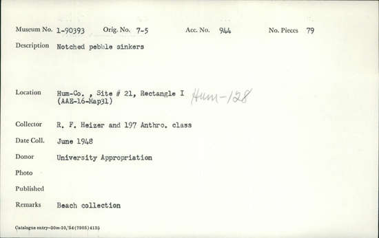 Documentation associated with Hearst Museum object titled Sinkers, accession number 1-90393, described as Notched pebble sinkers.