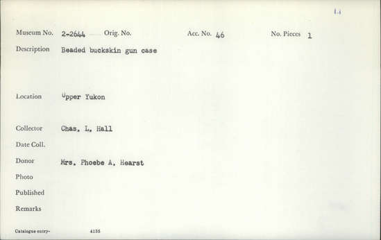 Documentation associated with Hearst Museum object titled Gun case, accession number 2-2644, described as Beaded buckskin.