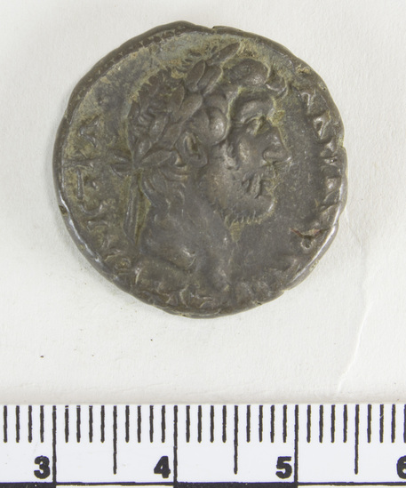 Hearst Museum object 3 of 6 titled Coin: billon tetradrachm, accession number 6-22579, described as head of Hadrian, right, laureate