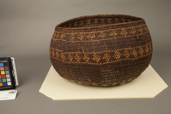 Hearst Museum object 3 of 3 titled Basket, accession number 1-29025, described as Long, twined, redbud. Called akaputno per Sandy Clark, North Fork Mono basket maker.