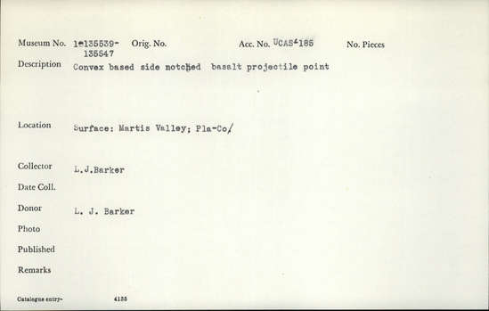 Documentation associated with Hearst Museum object titled Projectile point, accession number 1-135541, described as Convex-based small side-notched basalt projectile point.